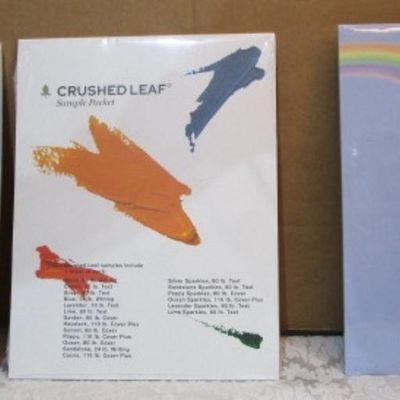 Sale Photo Thumbnail #517: 35 sheets of camping scrapbook paper, 19 sheets crushed leaf sample packet (various colors) , 25 sheets blue/rainbow 60 lb. card stock, all 8-1/2" x 11", see pictures