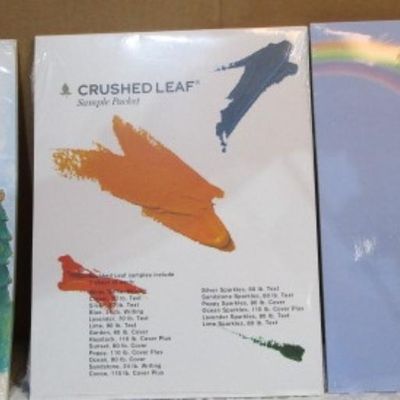 Sale Photo Thumbnail #519: 35 sheets of camping scrapbook paper, 19 sheets crushed leaf sample packet (various colors) , 25 sheets blue/rainbow 60 lb. card stock, all 8-1/2" x 11", see pictures
