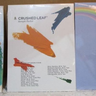 Sale Photo Thumbnail #518: 35 sheets of camping scrapbook paper, 19 sheets crushed leaf sample packet (various colors) , 25 sheets blue/rainbow 60 lb. card stock, all 8-1/2" x 11", see pictures