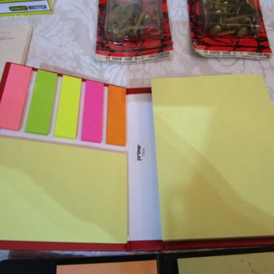 Sale Photo Thumbnail #566: Post-it notes in 2 small cases, Crack N Peel label sampler, note pads, 2 pkg of brads, 1 pkg of 5000 staples