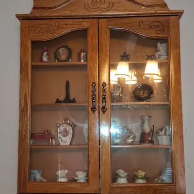 Sale Photo Thumbnail #11: Oak wall curio cabinet with decorative carvings
