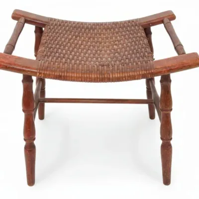 Sale Photo Thumbnail #85: Antique woven rush seat stool with turned legs