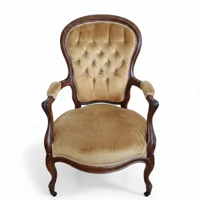 Sale Photo Thumbnail #89: Victorian walnut button tufted armchair with casters