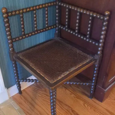 Sale Photo Thumbnail #101: Antique french bobbin turned corner chair with rush seat