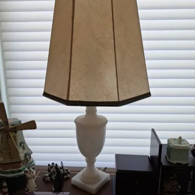 Sale Photo Thumbnail #116: Vintage alabaster urn table lamp with hexagonal parchment shade