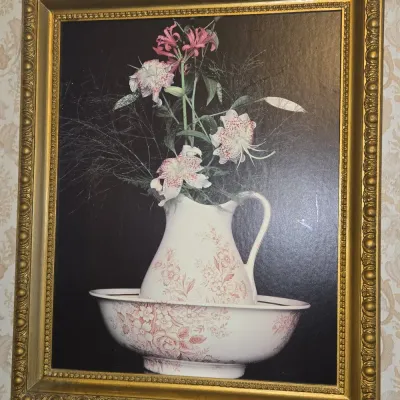 Sale Photo Thumbnail #132: Vintage floral transferware pitcher and bowl print in gilded frame