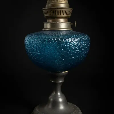 Sale Photo Thumbnail #150: Victorian blue hobnail glass oil lamp