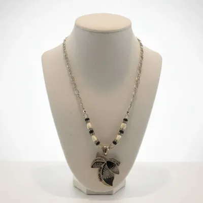 Sale Photo Thumbnail #346: Vintage enamel leaf pendant necklace with black and white beads