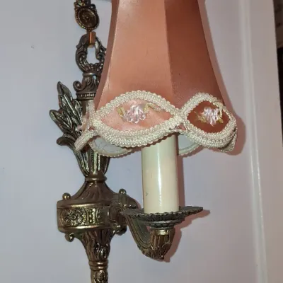 Sale Photo Thumbnail #356: Vintage brass wall sconce with pink floral embroidered shade