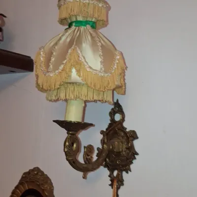 Sale Photo Thumbnail #357: Vintage rococo style brass wall sconce with multi tiered fabric shade