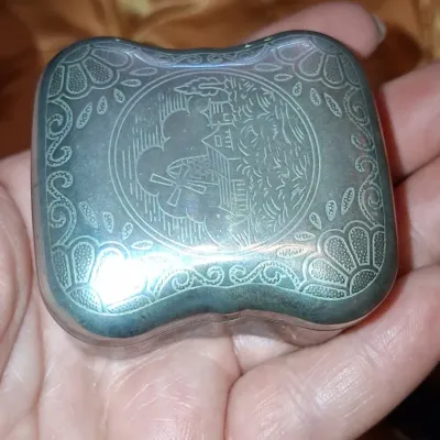 Sale Photo Thumbnail #433: Vintage engraved silver tone pill or trinket box