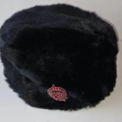 Sale Photo Thumbnail #445: Apt faux fur pillbox hat with rhinestone brooch