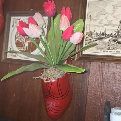 Sale Photo Thumbnail #484: Vintage dutch clog wall planter with artificial tulips