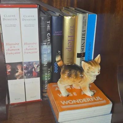 Sale Photo Thumbnail #489: Vintage porcelain tabby cat figurine on books