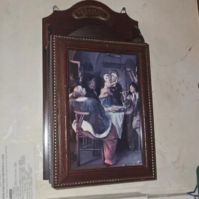 Sale Photo Thumbnail #493: Wall mounted key and mail cabinet with tavern scene print