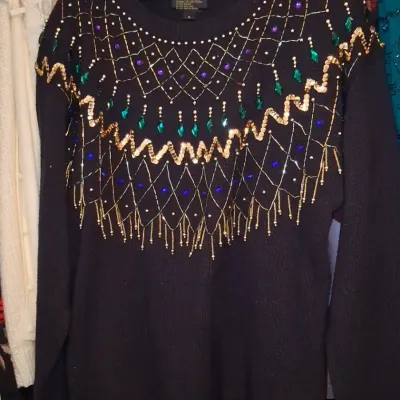 Sale Photo Thumbnail #597: Vintage beaded and sequined black sweater by victoria harbour
