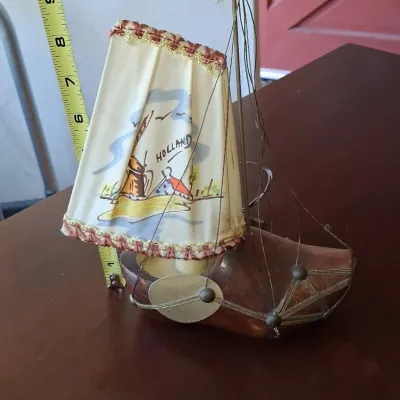 Sale Photo Thumbnail #600: Vintage dutch clog sailboat lamp with windmill scene