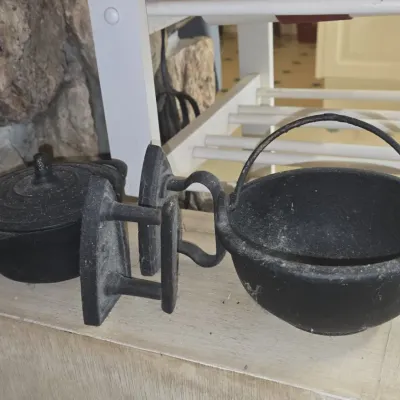 Sale Photo Thumbnail #606: Vintage miniature cast iron cauldron and sad iron