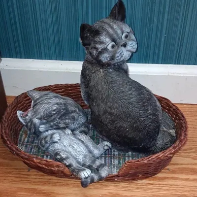 Sale Photo Thumbnail #611: Vintage plastic and porcelain cat figurine set in wicker basket