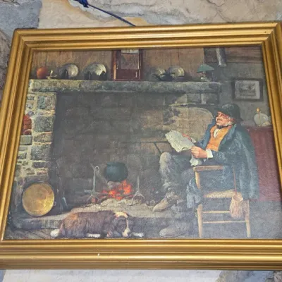 Sale Photo Thumbnail #613: Vintage print of elderly man by fireplace by eugenio zampighi