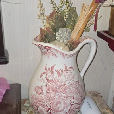 Sale Photo Thumbnail #618: Antique sarreguemines jardinire red transferware pitcher