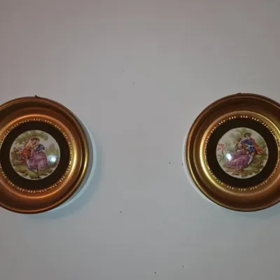 Sale Photo Thumbnail #655: Pair of regency bone china brass framed courting couple wall plates