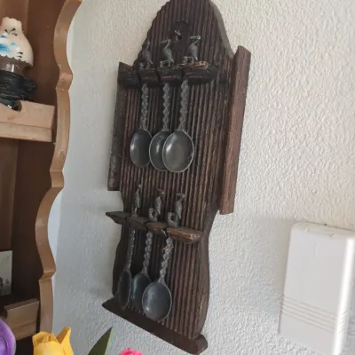 Sale Photo Thumbnail #677: Vintage wooden spoon rack with bird finials and pewter spoons