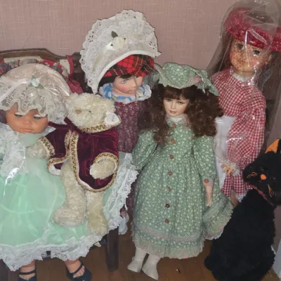 Sale Photo Thumbnail #692: Collection of vintage porcelain dolls and plush toys
