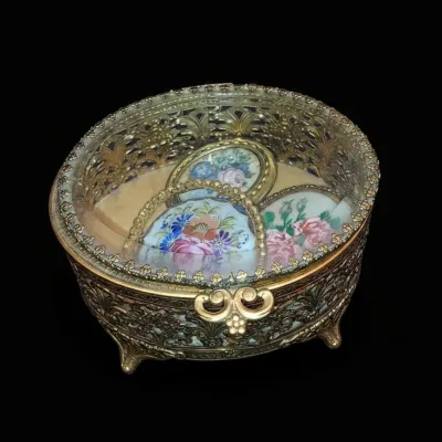 Sale Photo Thumbnail #699: Mid century filigree glass casket box with porcelain plaques