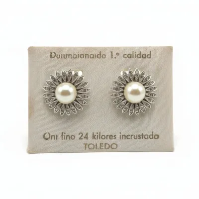 Sale Photo Thumbnail #708: Toledo damascene pearl and crystal earrings