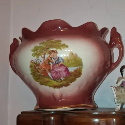 Sale Photo Thumbnail #710: Victorian style porcelain jardiniere with courting couple scene