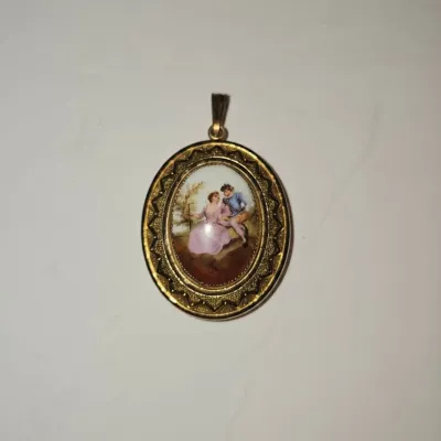 Sale Photo Thumbnail #735: Vintage fragonard style porcelain courting couple locket pendant