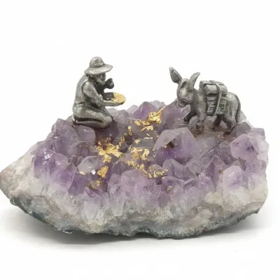 Sale Photo Thumbnail #738: Alaskan gold rush prospector and burro on amethyst geode