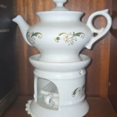 Sale Photo Thumbnail #758: French porcelain teapot and warmer set with green and gold scrollwork