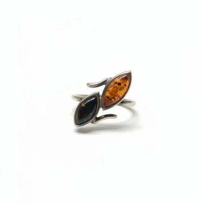 Sale Photo Thumbnail #827: Vintage sterling silver dual marquise amber leaf ring
