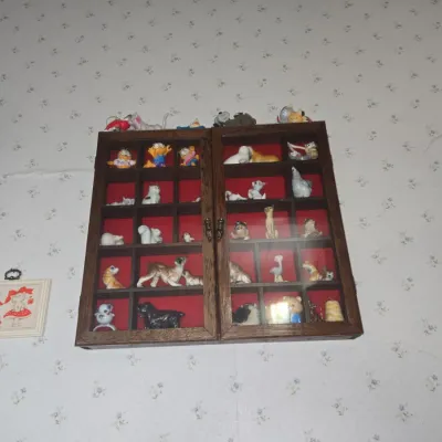 Sale Photo Thumbnail #830: Vintage wooden wall mount shadow box display case with figurines