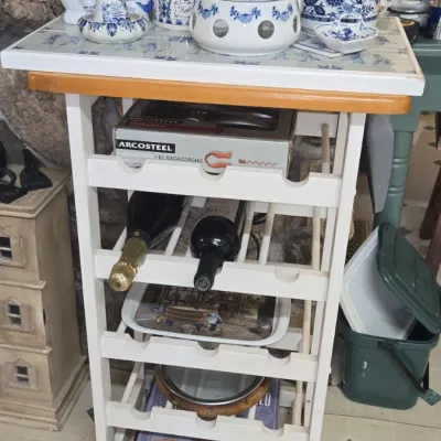 Sale Photo Thumbnail #831: White painted kitchen cart with tiled top and wine rack