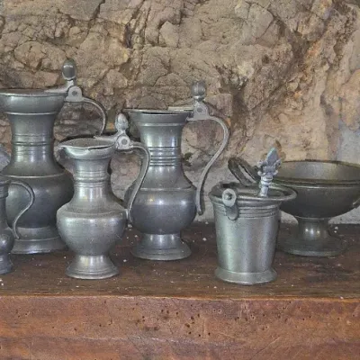 Sale Photo Thumbnail #845: Collection of vintage european pewter pitchers and tankards