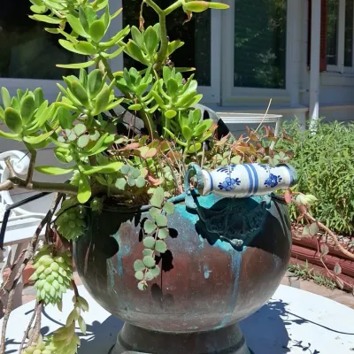 Sale Photo Thumbnail #874: Vintage copper jardiniere with delft style ceramic handles