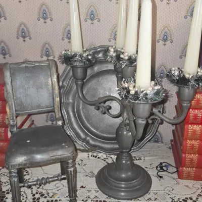 Sale Photo Thumbnail #883: Vintage pewter candelabra and charger set with miniature chair