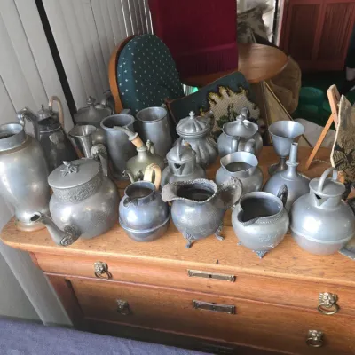 Sale Photo Thumbnail #898: Collection of vintage pewter tea sets and holloware
