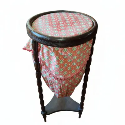 Sale Photo Thumbnail #914: Vintage barley twist sewing stand with fabric bag