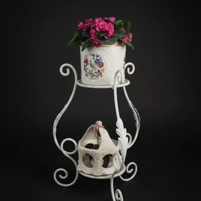Sale Photo Thumbnail #918: Vintage floral jardiniere on wrought iron stand