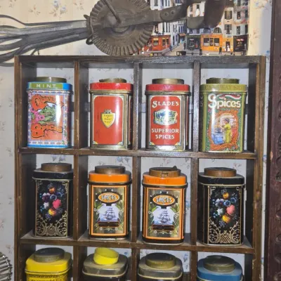 Sale Photo Thumbnail #920: Vintage spice tins with wooden wall rack set