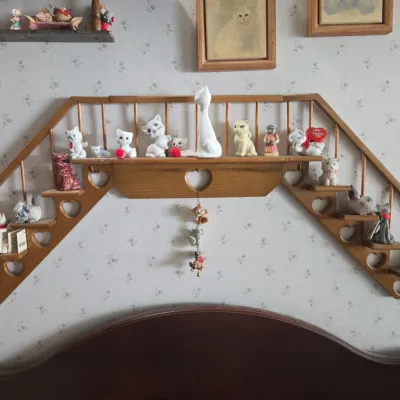 Sale Photo Thumbnail #923: Vintage wooden staircase wall shelf with cat figurine collection