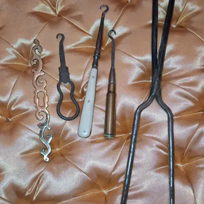 Sale Photo Thumbnail #936: Collection of antique personal grooming and fireplace tools