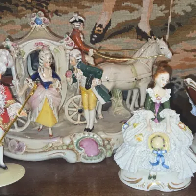 Sale Photo Thumbnail #955: Dresden porcelain figurines and carriage group