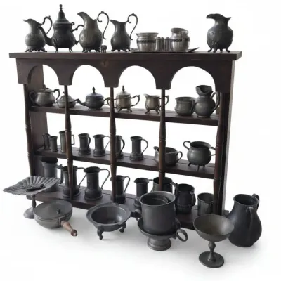 Sale Photo Thumbnail #987: Collection of vintage pewter tableware and decorative items