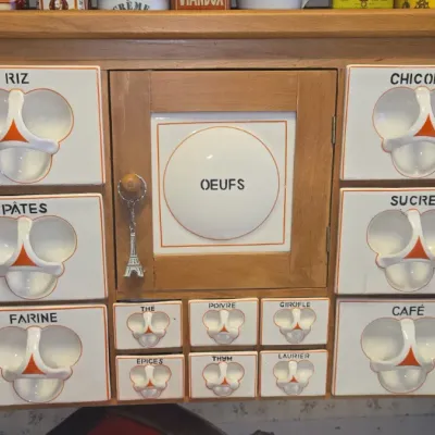 Sale Photo Thumbnail #1011: Vintage french ceramic spice cabinet