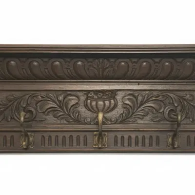 Sale Photo Thumbnail #1033: Victorian carved oak wall mounted coat and cup rack with masks